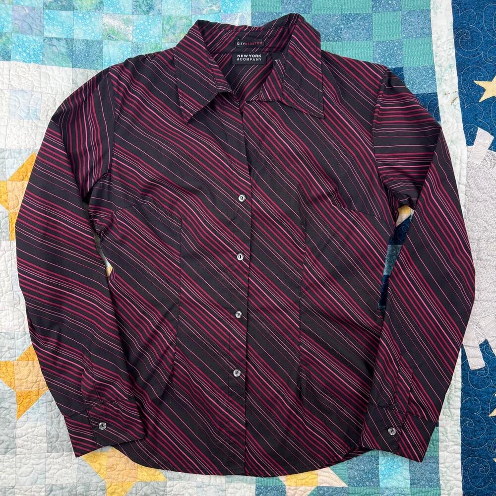 New York & Co. City Stretch Pink and Black Striped Long Sleeve Button Up Shirt